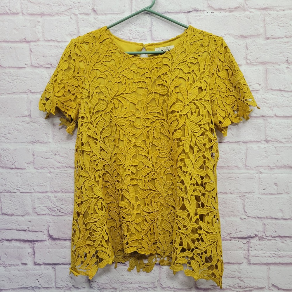 Polagram‎ Mustard Yellow Floral Guipure Lace Blouse S Boho Coquette Cottagecore